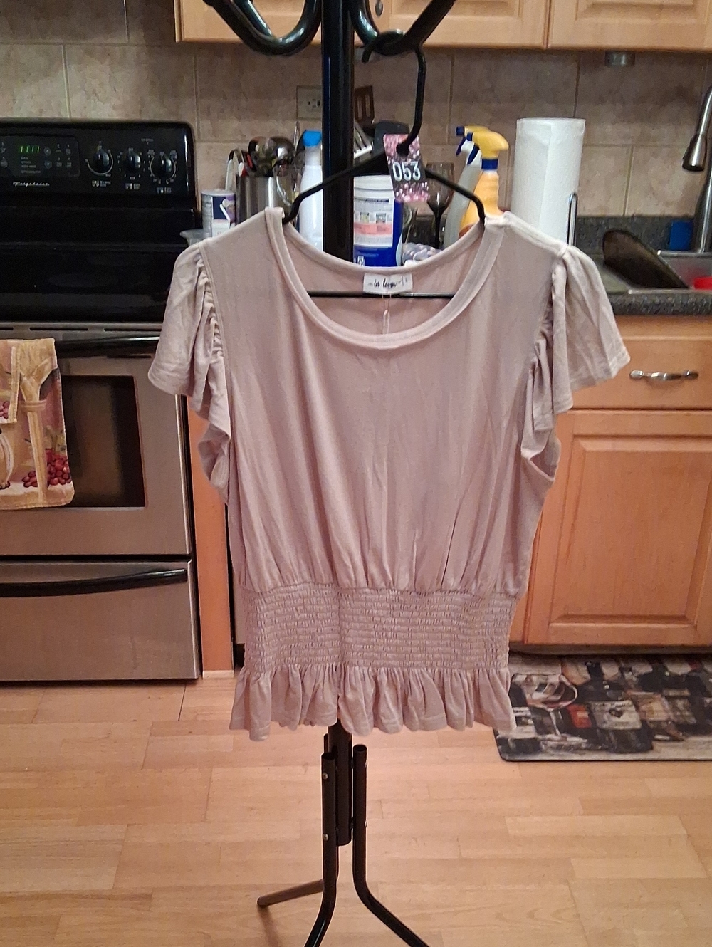 In Bloom Taupe Smocked-Waist Ruffle-Hem Short Sleeve Top